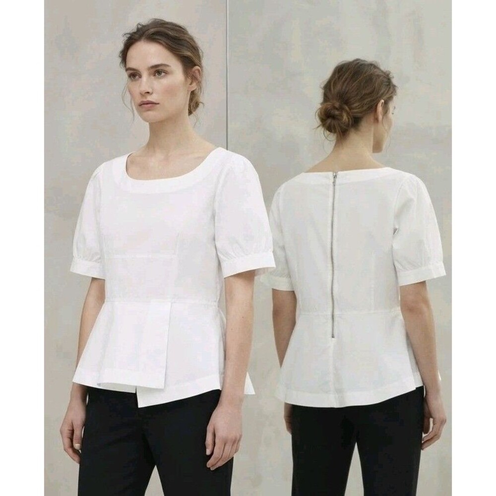 Lafayette 148 NY White Peplum Layered Blouse Back Zip Short Sleeve Size 14